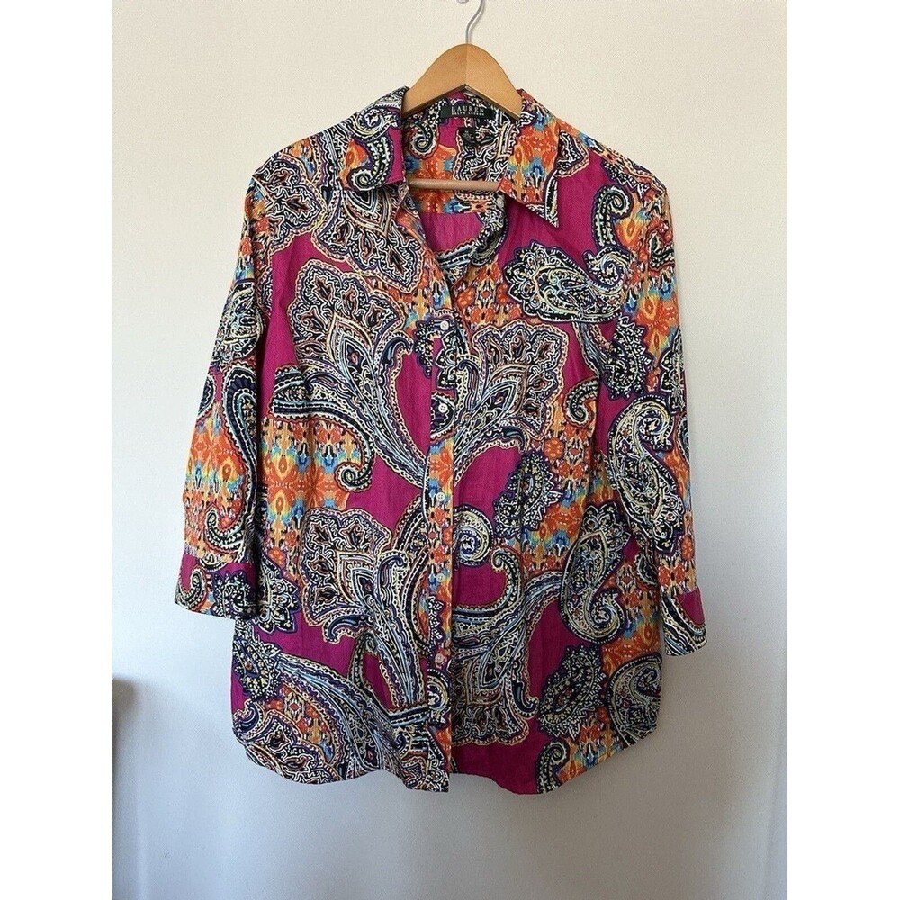 Lauren Ralph Lauren Vibrant Paisley Shirt Size 1X Resort Boho Chic Artsy Button